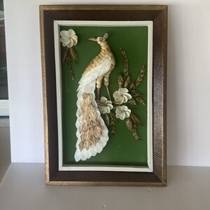 Peacock sea shell Wall Art with Floral Design Beach Coastal Eclectic